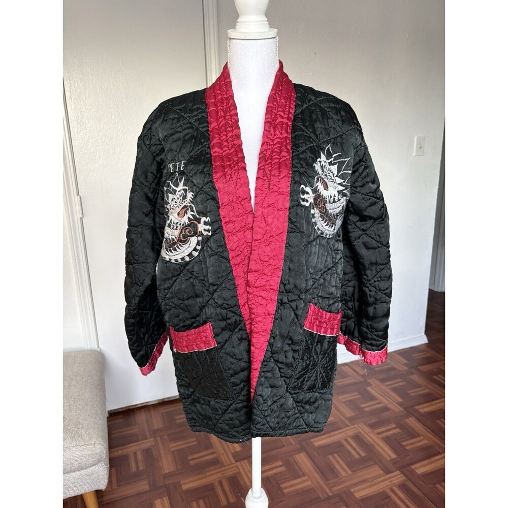 Men’s Black & Red Quilted Kimono Sleeve Jacket with embroidered dragon Size M-L